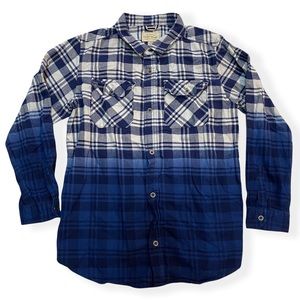 Lucky Brand Dip Dye Long Sleeve Plaid Button Down Cotton Shirt Blue